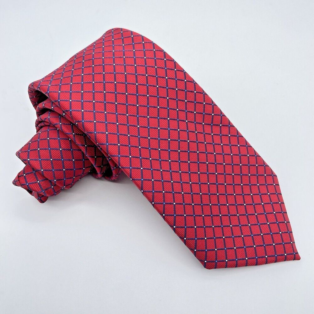 IZOD Necktie Polyester Red Blue Silver Box Pattern Retro Cool Grandpa 58 x 3.5